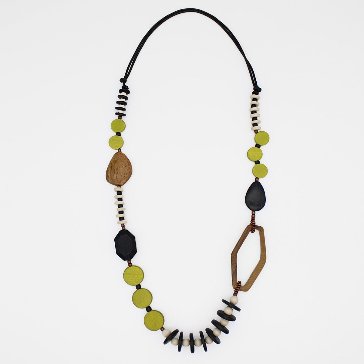 black white and lime long boho wooden necklace