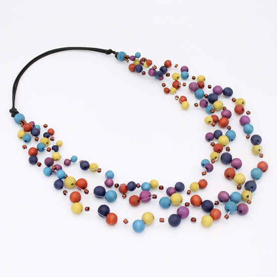 Colorful beaded necklace on a white background