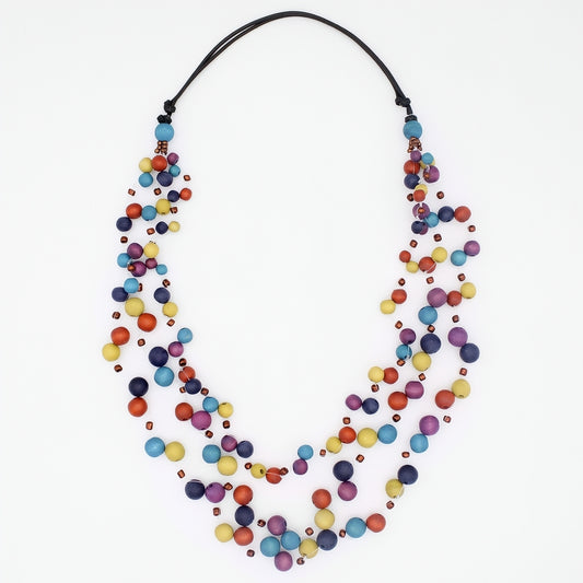 Multicolored beaded necklace on a white background