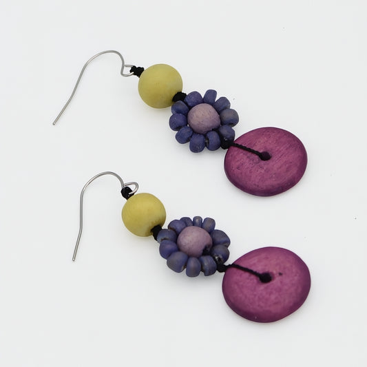Pair of earrings with colorful beads on a white background