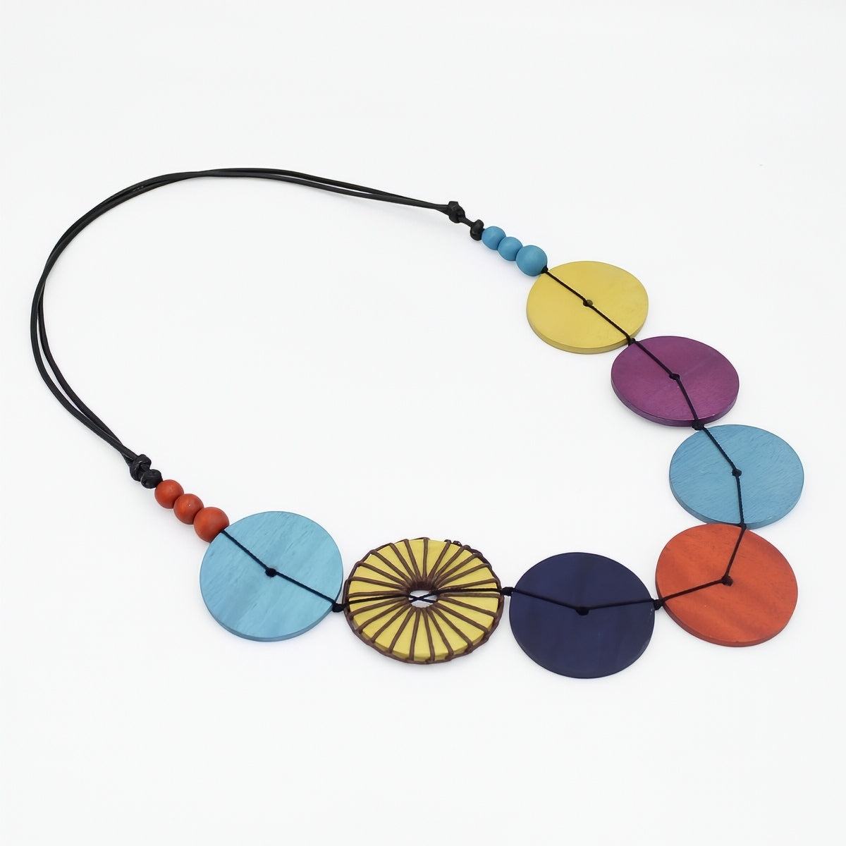 Colorful necklace with circular beads on a white background