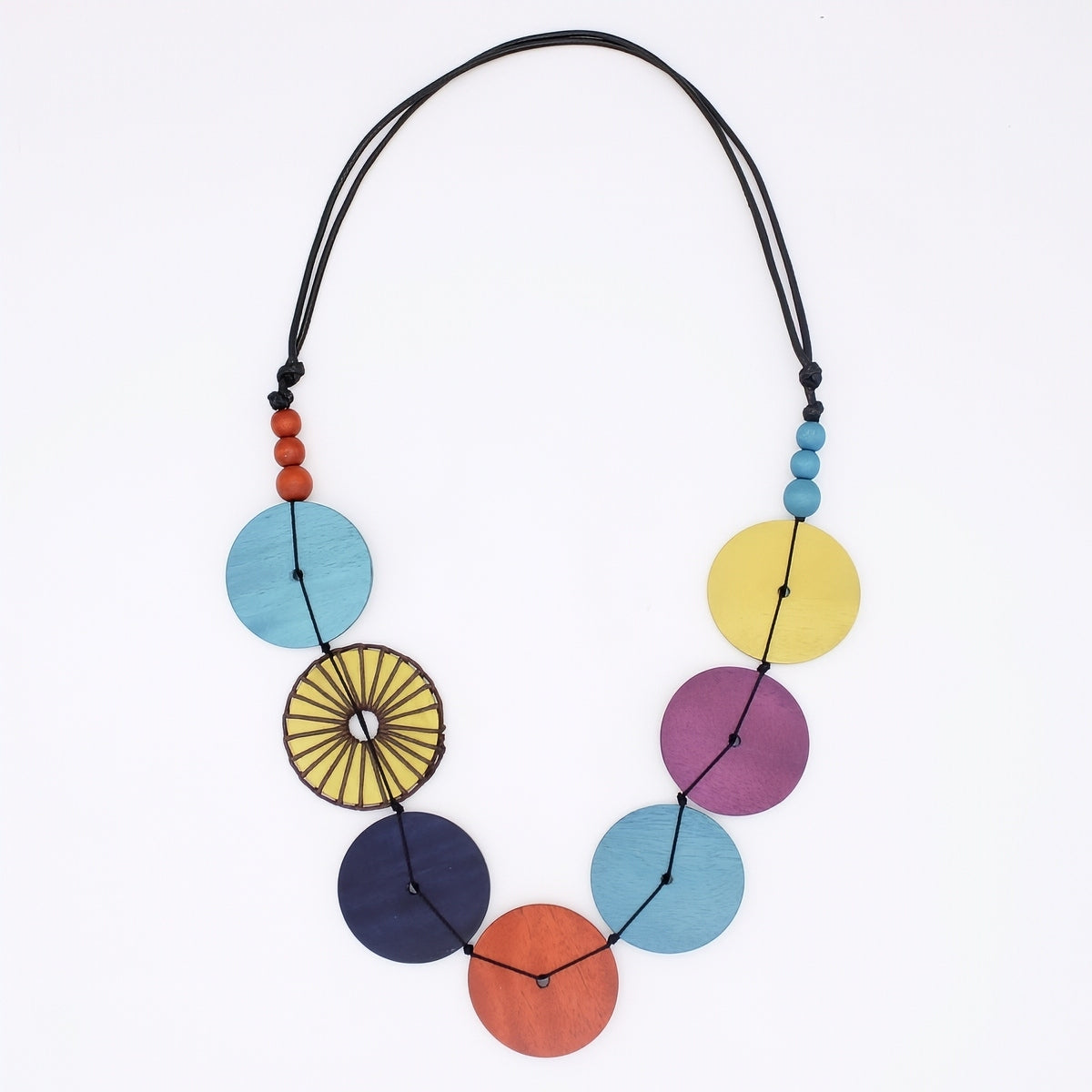 Colorful necklace with circular beads on a white background
