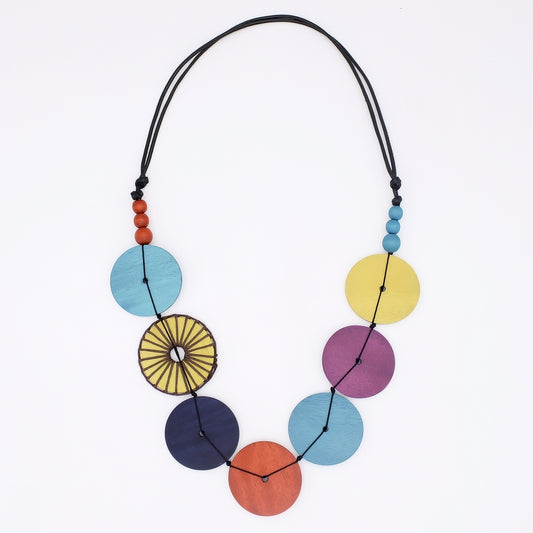 Colorful necklace with circular beads on a white background