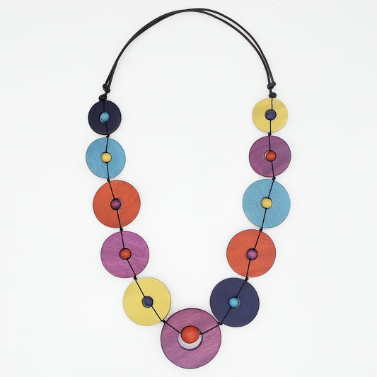 Colorful necklace with circular beads on a white background