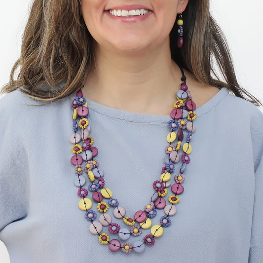 Purple Petite Daisy Triple Strand Necklace