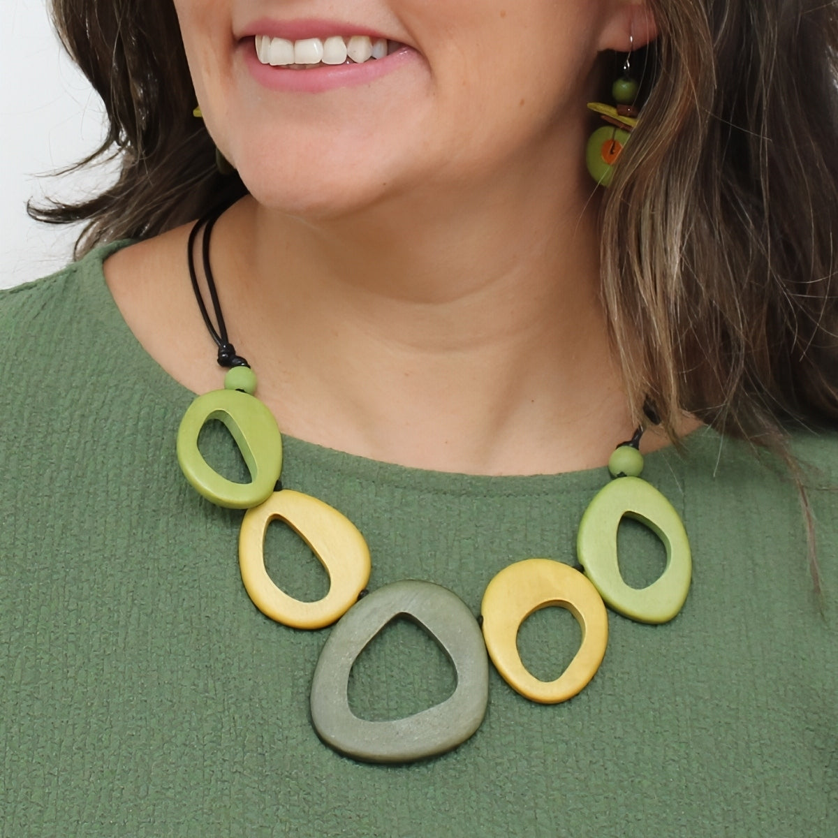 Green Sage Statement Necklace, view 2: organic open wood beads in shades of green