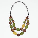 Olive green, mustard and brown layered wood statement necklace