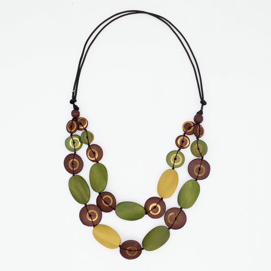 Olive green, mustard and brown layered wood statement necklace