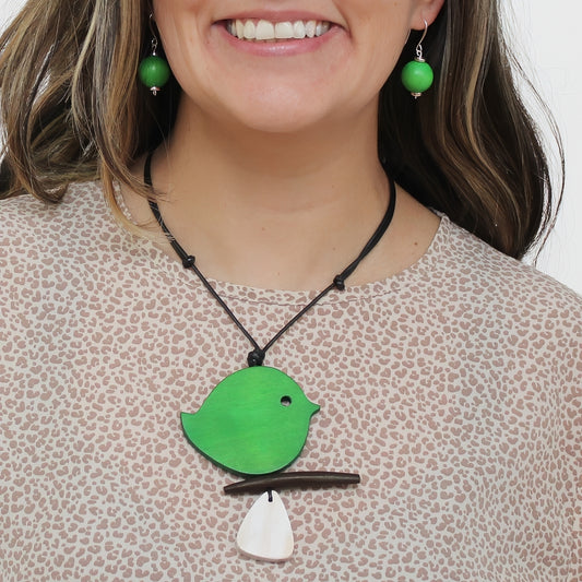 Emerald Green Robin Pendant Necklace - Handcrafted Wooden Bird Jewelry | Sylca Designs
