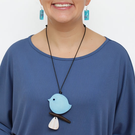 Dusty Blue Robin On A Branch Necklace