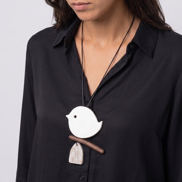 White Robin On A Branch Necklace