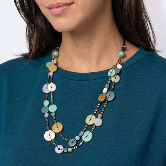 Teal Cerelia Splendor Necklace with wood beads and bronze bugle bead accents on an adjustable cord