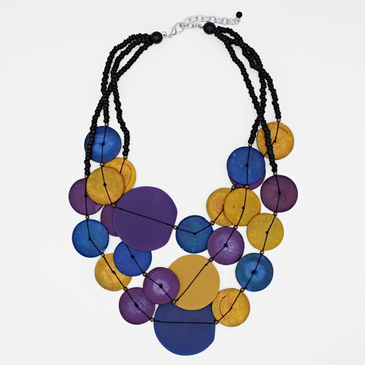 Purple Multi Eclipse Necklace with three strands of purple, blue and mustard circular beads and black beaded strands