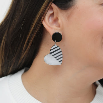 Silver Stripe Frosted Heartstrings Earring - Sylca Designs - Chunky Jewelry 