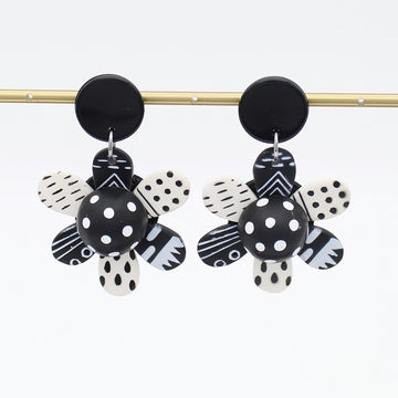 Black and White Garden of Color Flower Earrings - Hand-Painted Resin Drop Earrings