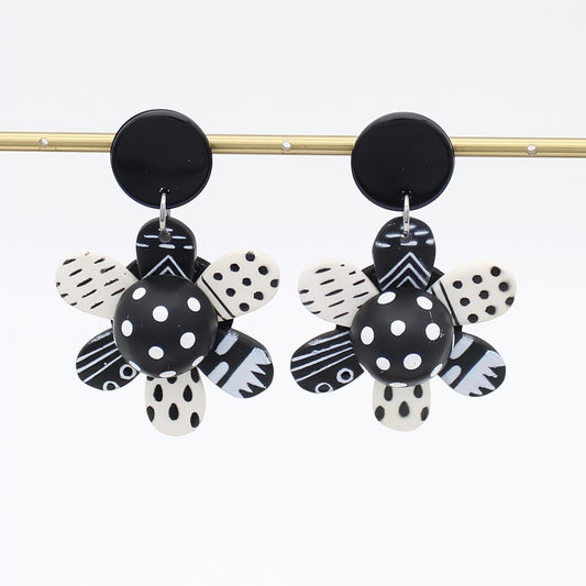 Black and White Garden of Color Flower Earrings - Hand-Painted Resin Drop Earrings