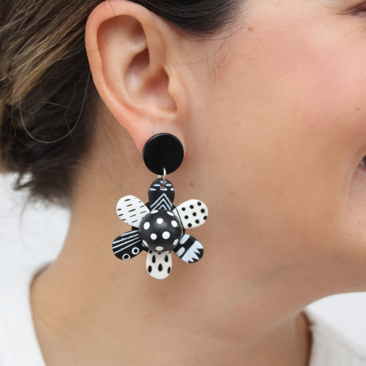 Black and White Garden of Color Flower Earrings - Hand-Painted Resin Drop Earrings