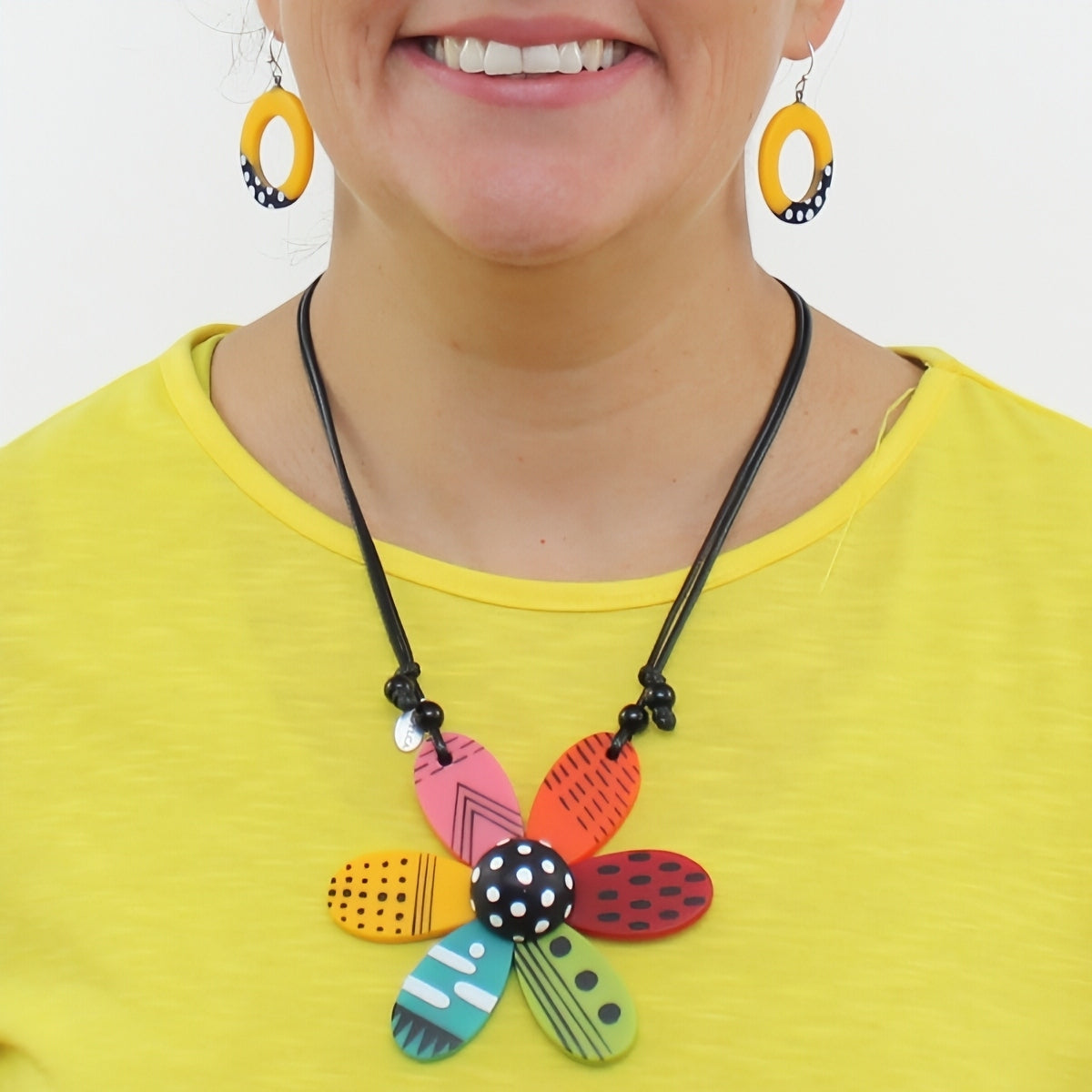 Vibrant Garden Flower Pendant Necklace, a 4 inch flower pendant with hand painted petals in vibrant colors