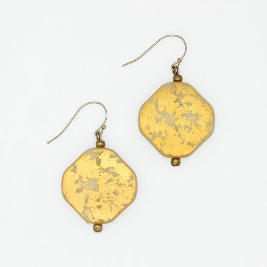 Gold fleck resin statement earrings with gold plated French hooks, front view