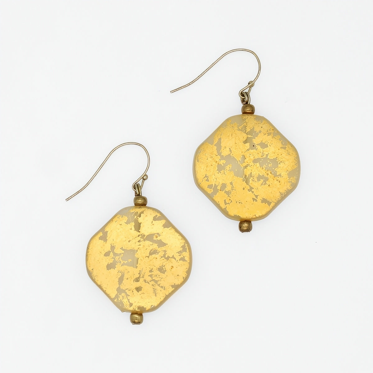 Gold fleck resin statement earrings with gold plated French hooks, front view