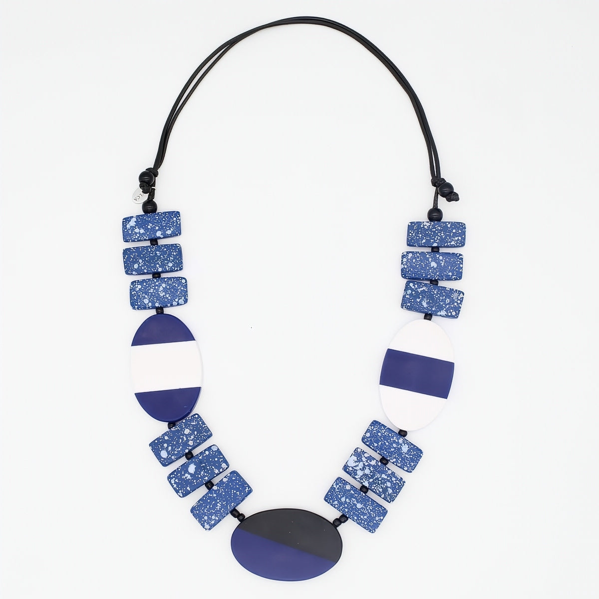 Necklace with blue and black geometric beads on a white background