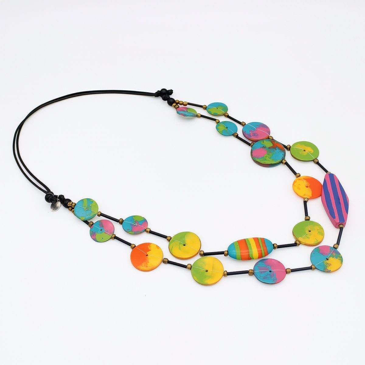 Colorful necklace with multicolored beads on a white background