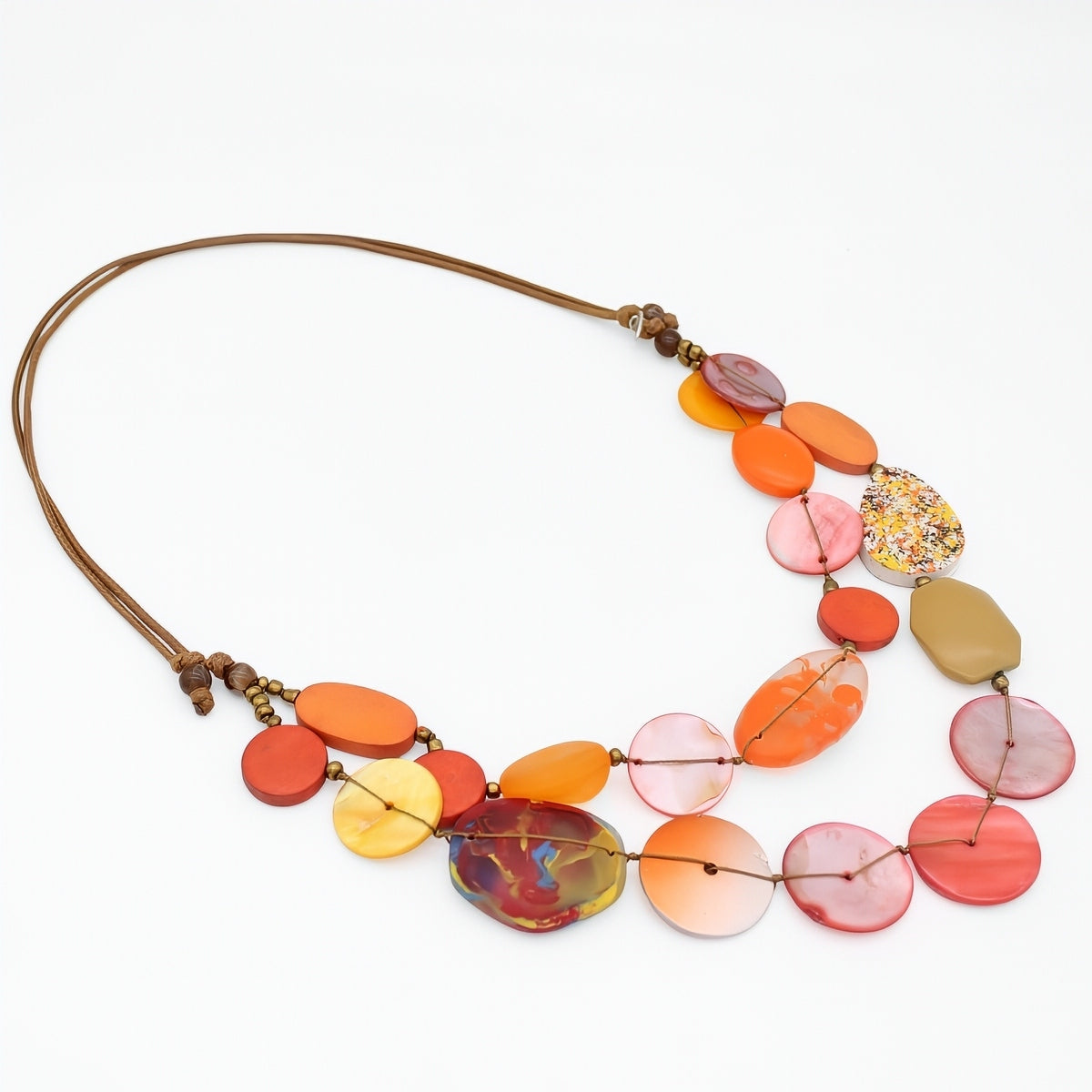 Colorful necklace with multicolored beads on a white background