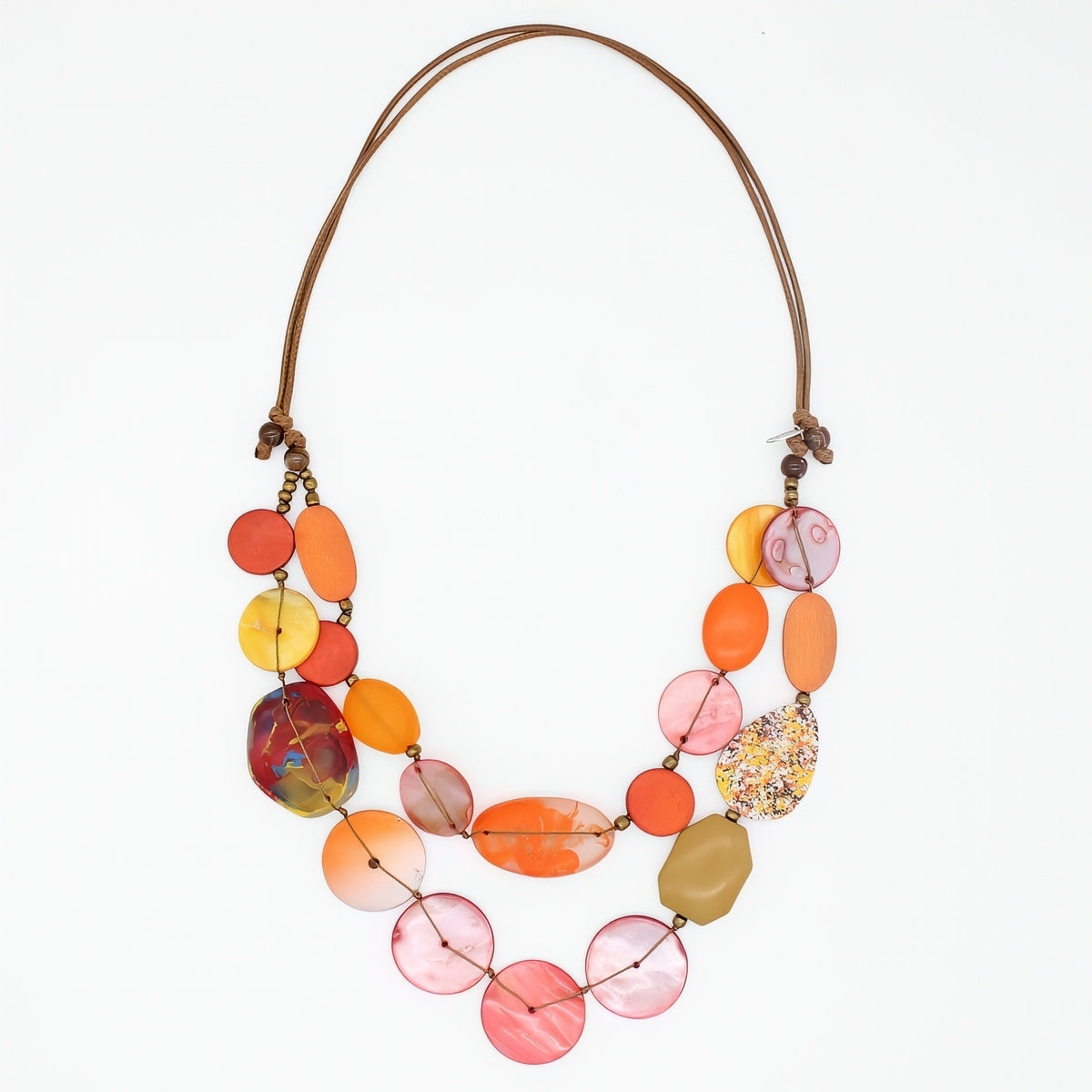 Colorful necklace with multicolored beads on a white background