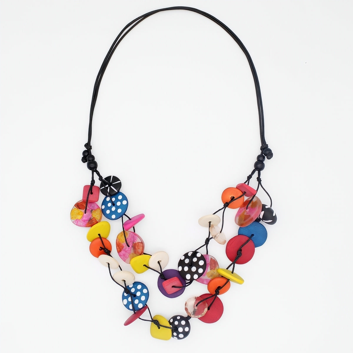 Colorful necklace with multicolored beads on a white background