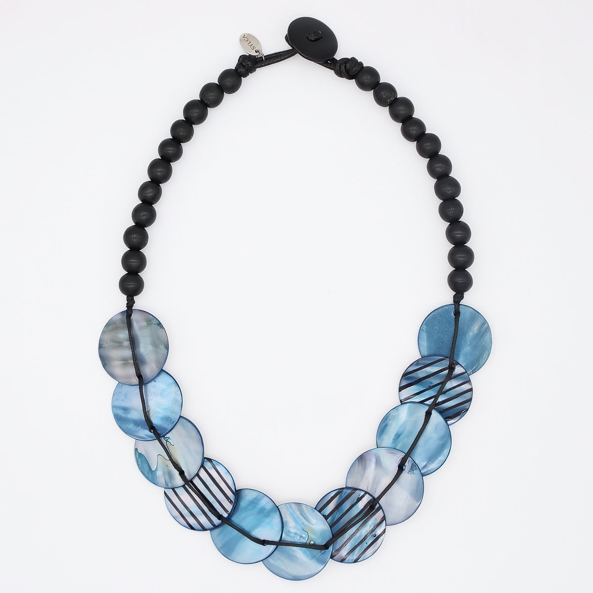 Necklace with black beads and blue circular beads on a white background