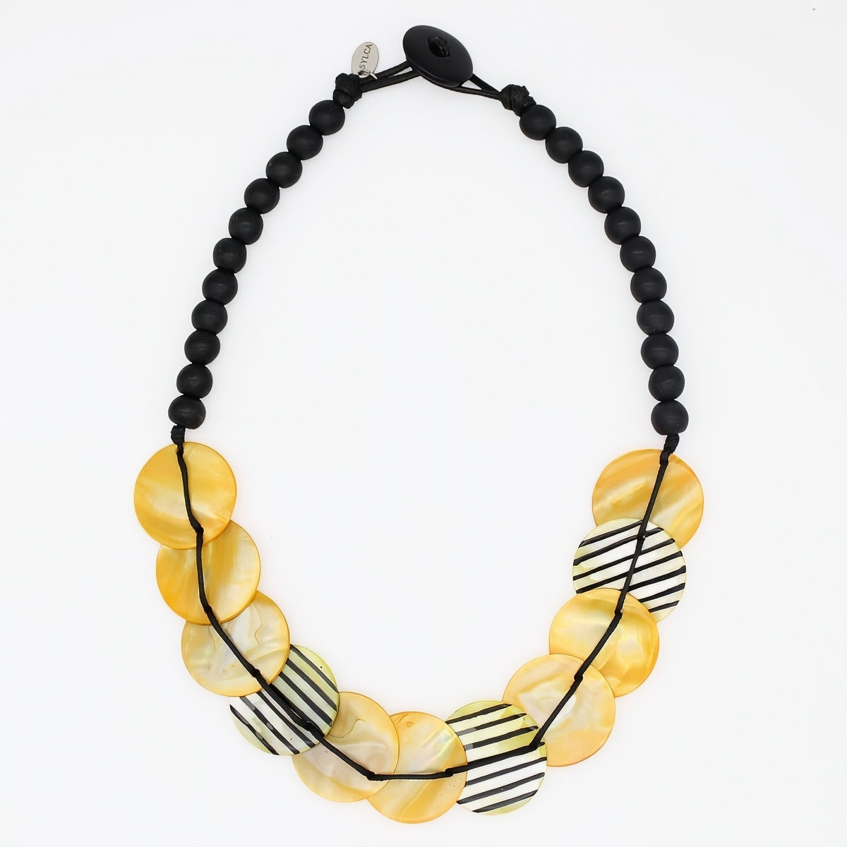 Necklace with yellow beads and black and white striped accents on a white background