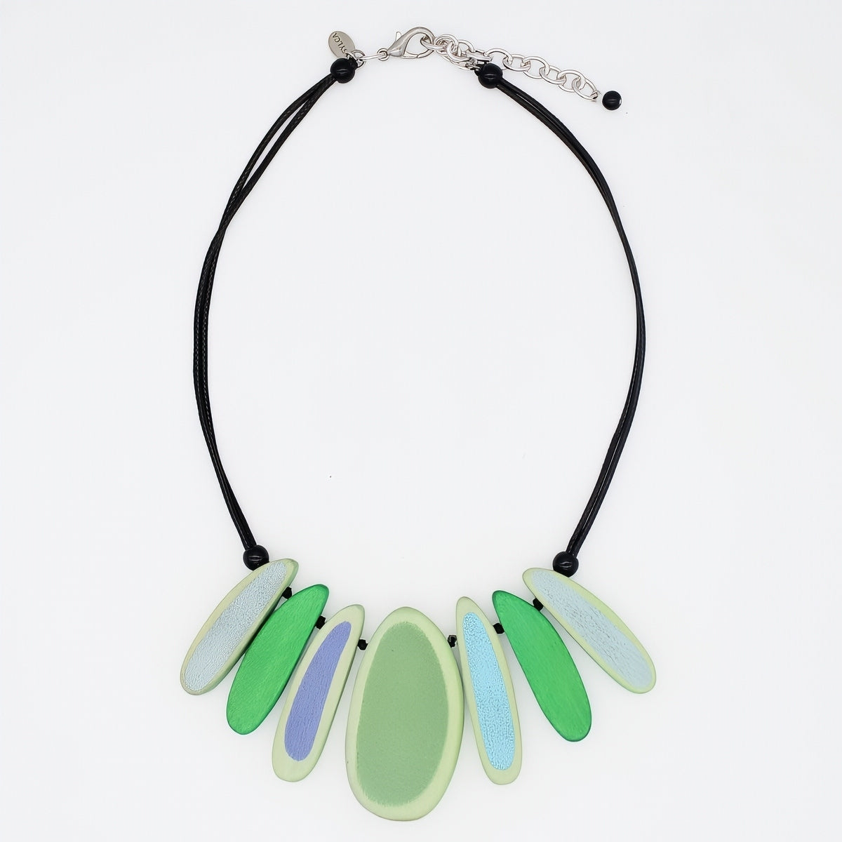 Necklace with green and blue pendant on a white background