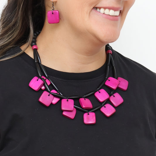 Fuchsia Cascade Wooden Statement Necklace