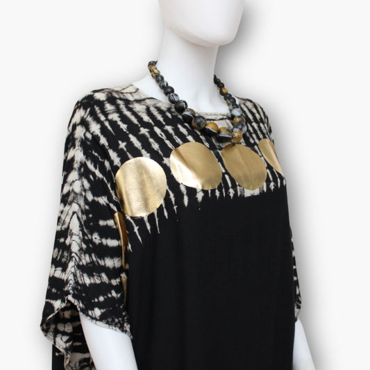 Black Caftan With Gold Polka Dot Accents