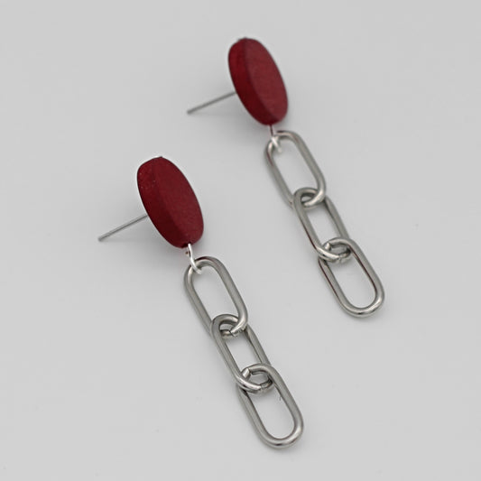 Red Silver Link Dangle Earring
