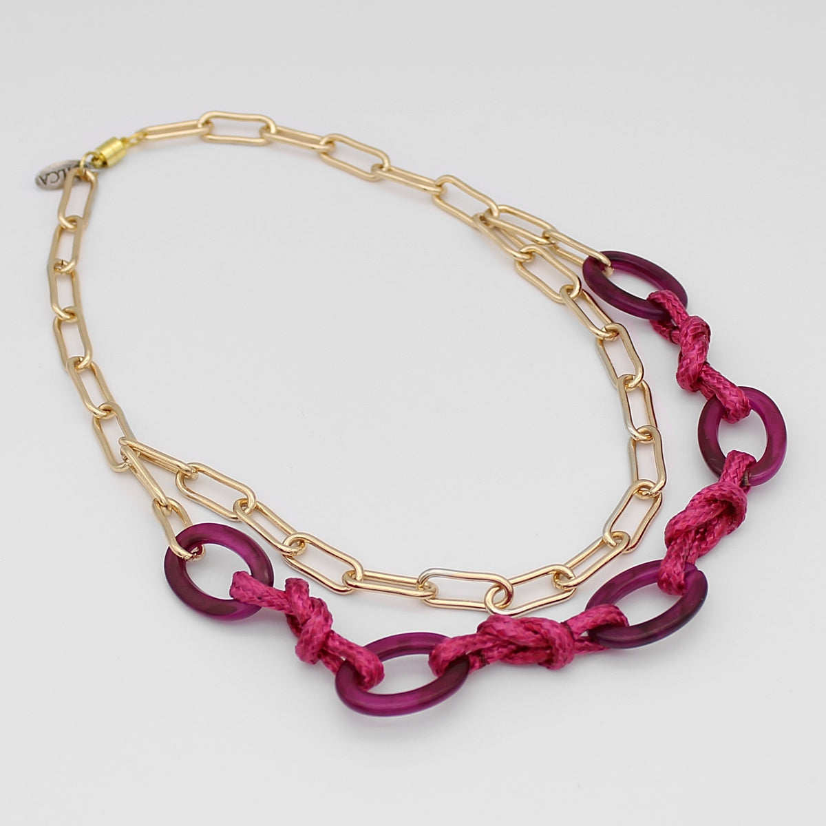 Fuchsia Rope and Gold Chain Statement Necklace