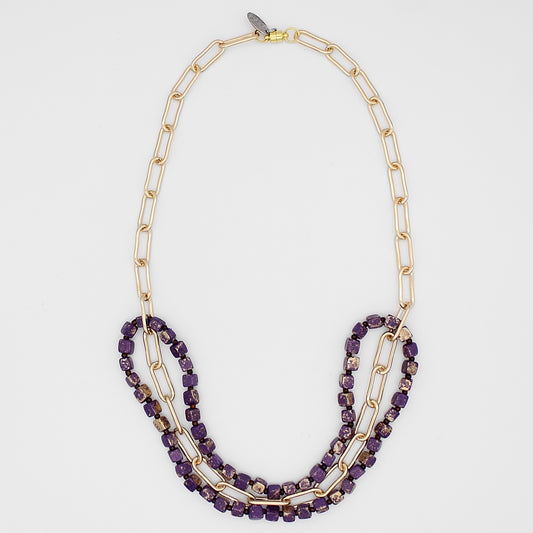 Purple Esther Wood and Chain Link Necklace