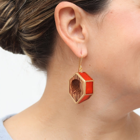 Orange Geo Hexagon Earring