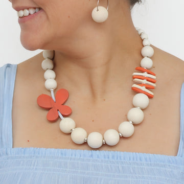 Peach and White Flutter Statement Necklace - Sylca Designs - Chunky Jewelry 