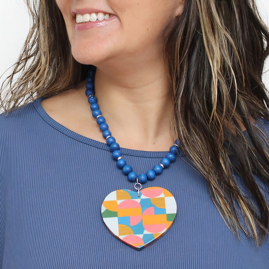 Geometric Decoupage Heart Necklace - Sylca Designs - Artsy Chunky Jewelry 