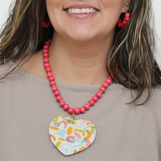 Multi Color Rainbow Decoupage Heart Necklace - Sylca Designs - Artsy Chunky Jewelry 