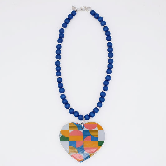 Geometric Decoupage Heart Necklace - Sylca Designs - Artsy Chunky Jewelry 