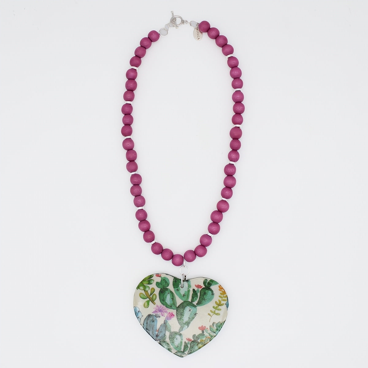 Cactus Decoupage Heart Necklace - Sylca Designs - Artsy Chunky Jewelry 
