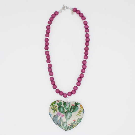 Cactus Decoupage Heart Necklace - Sylca Designs - Artsy Chunky Jewelry 