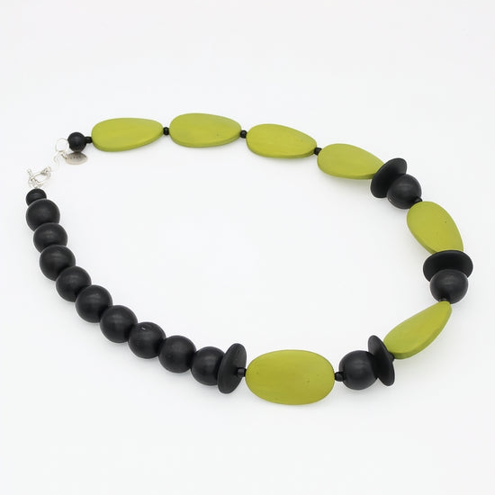 Lime and Black Wood Statement Necklace, view 3: lime and black natural wood beads