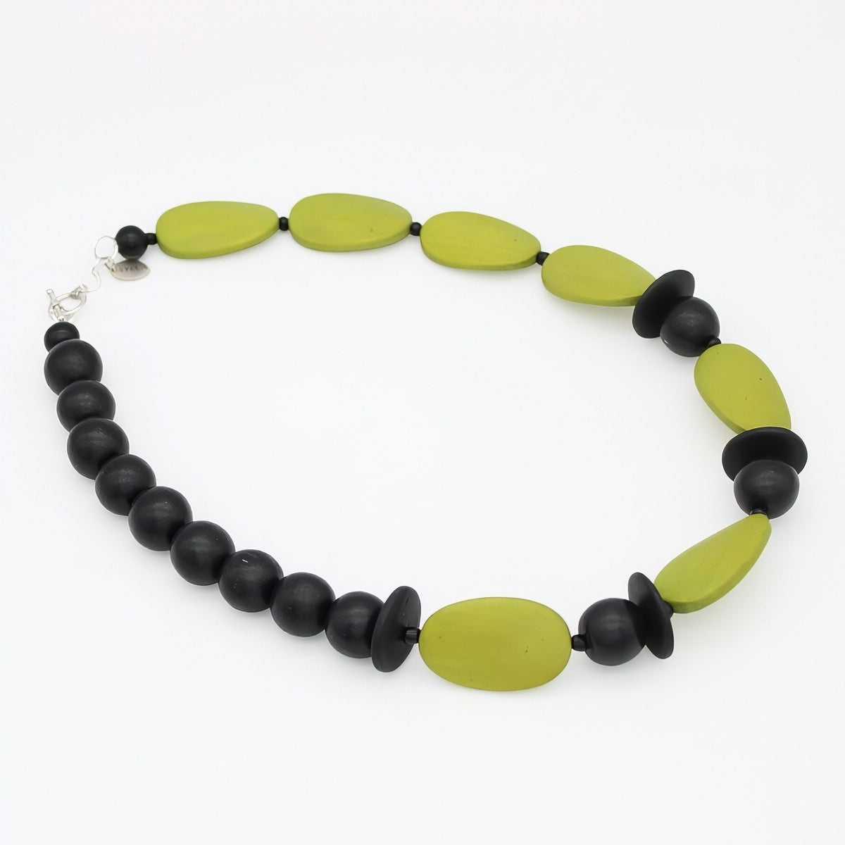 Lime and Black Wood Statement Necklace, view 3: lime and black natural wood beads