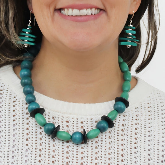 Teal and Aqua Wood Statement Necklace