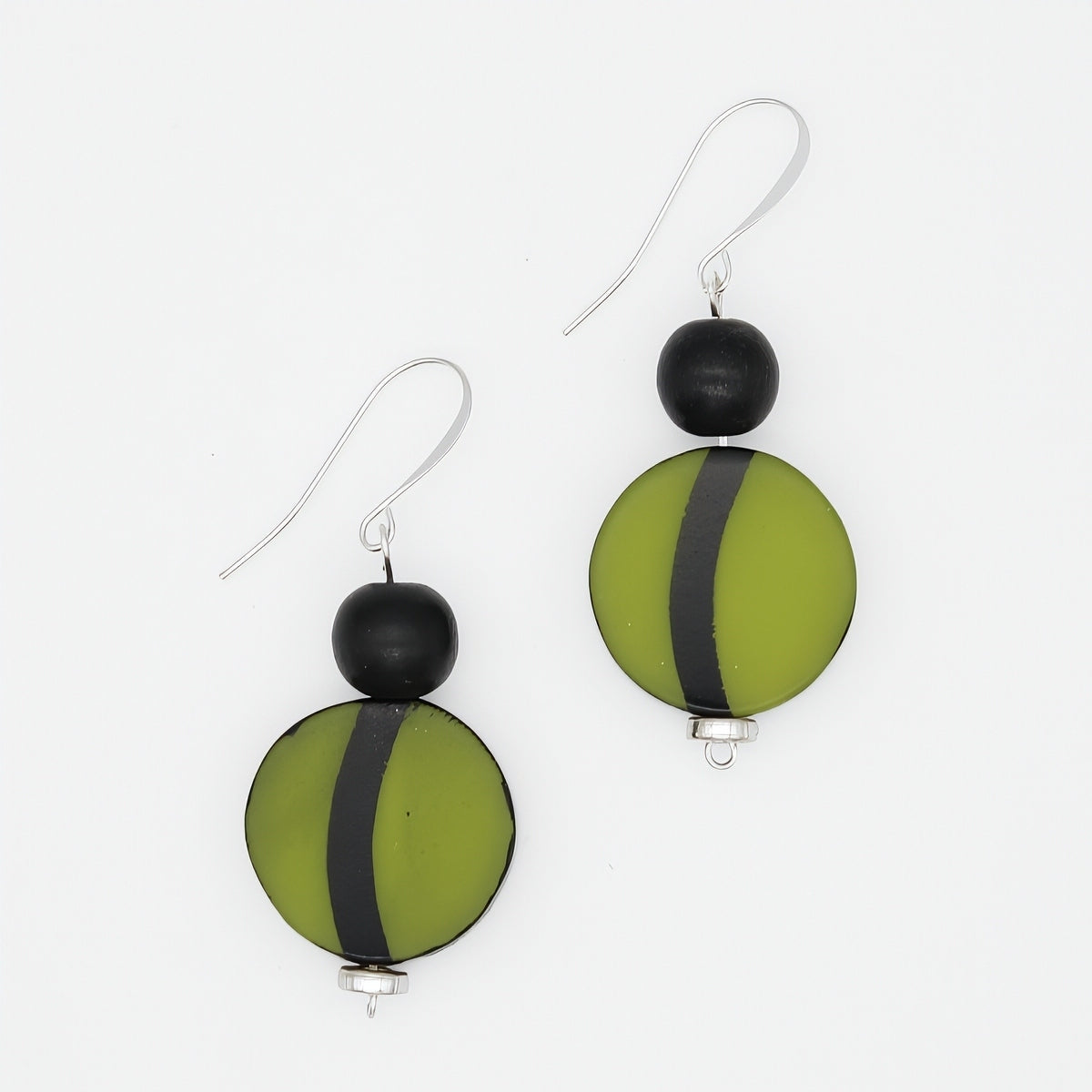 Green and black resin statement earrings with silver ear wires