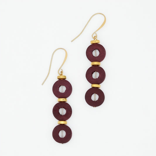 Maroon wood statement drop earrings with gold plated French hooks
