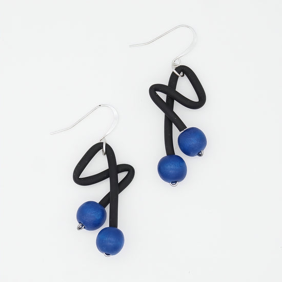 Blue and black sculptural statement earrings with silver plated French hooks